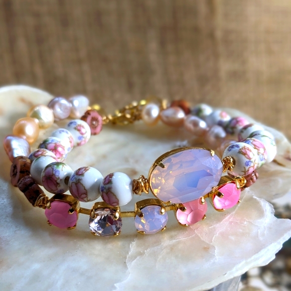 Victorian Darling Pink Opal Swarovski Crystal & Porcelain Beads Layered Bracelet - Picture 3 of 6